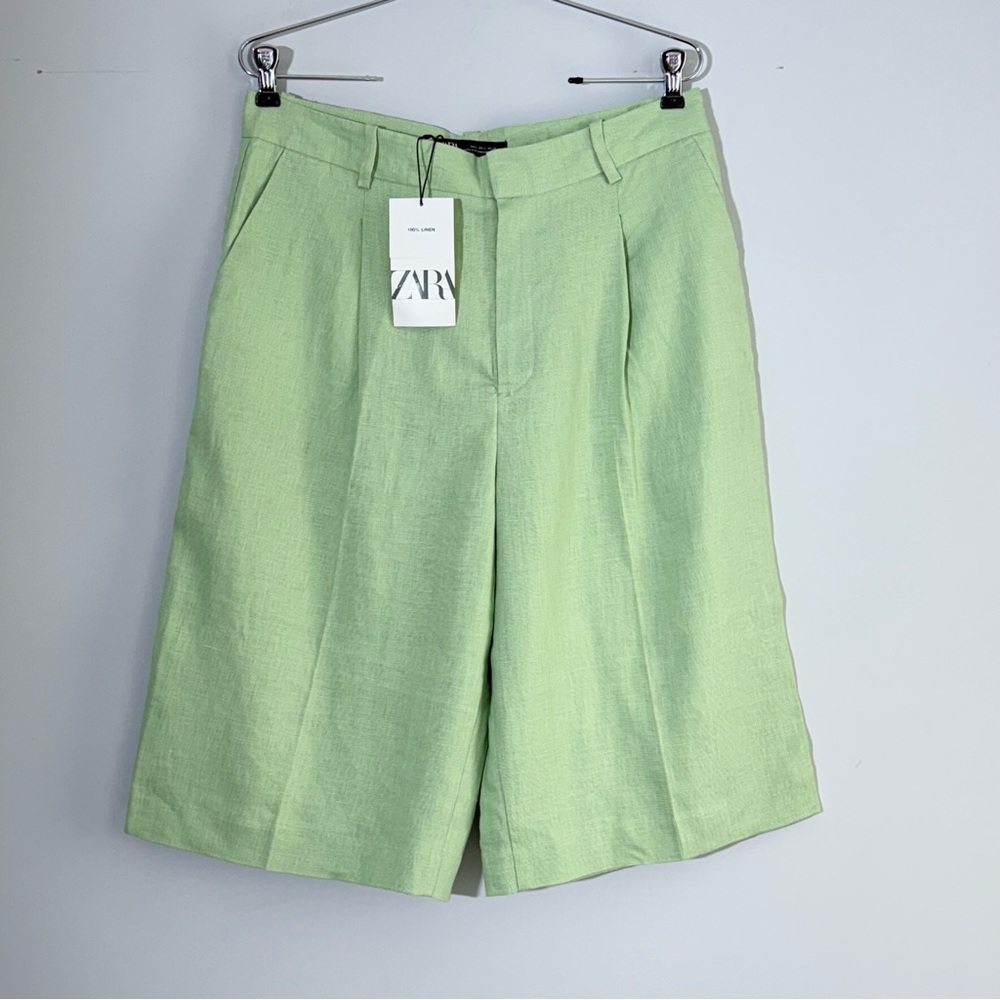 NWT Zara Linen Long Bermuda High Rise Pleated Shorts Green L Lagenlook 90s Boho - Picture 7 of 16